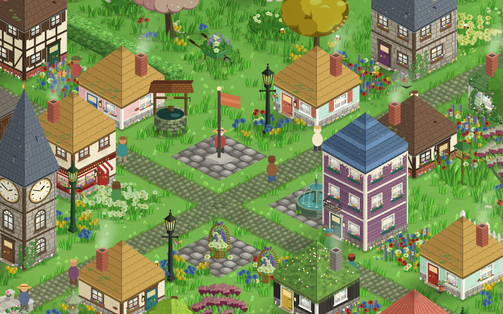 A StepHaven town round a square with a flag and a well, a clock tower, cottages, lamp posts and flower gardens
