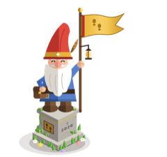 The Pioneer Gnome statue: a gnome with a red hat, a lantern and a yellow pennant, on a stone plinth marked 2026