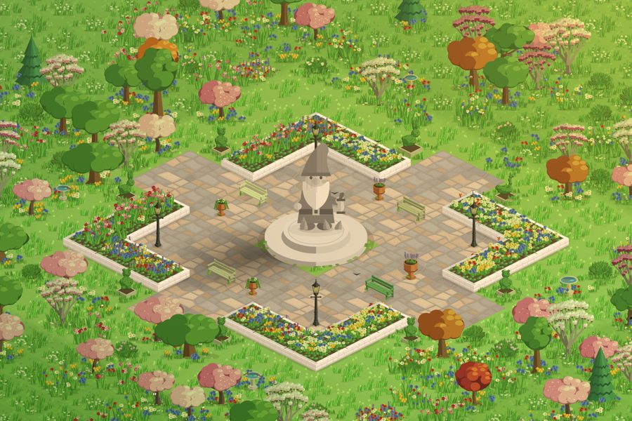 A garden square around a giant gnome statue
