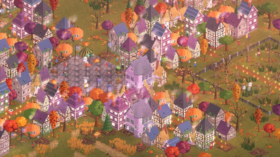 A Halloween town of purple houses and pumpkins