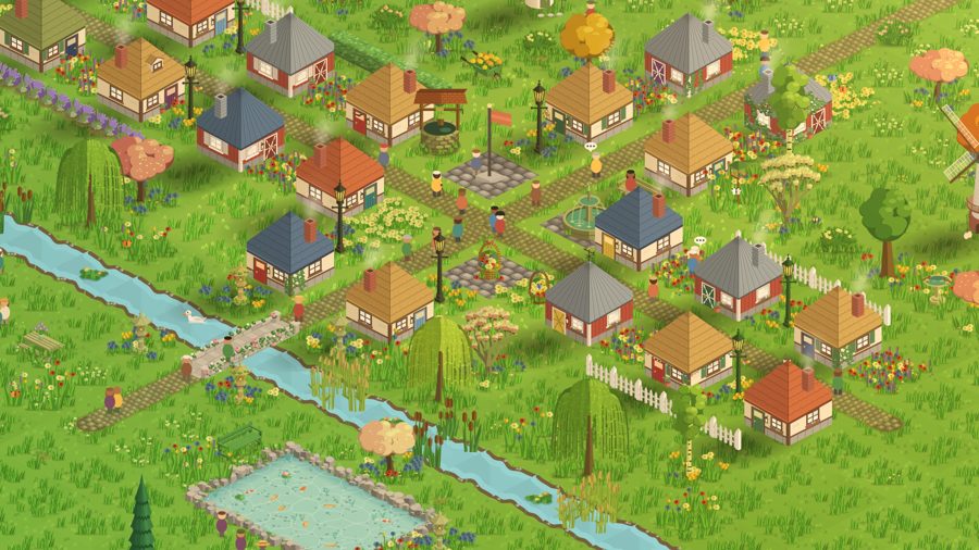 A village of cottages beside a stream